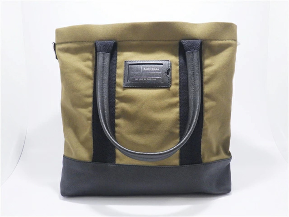 Balenciaga Tote Bag Canvas x Embossed Leather Khaki Green Black